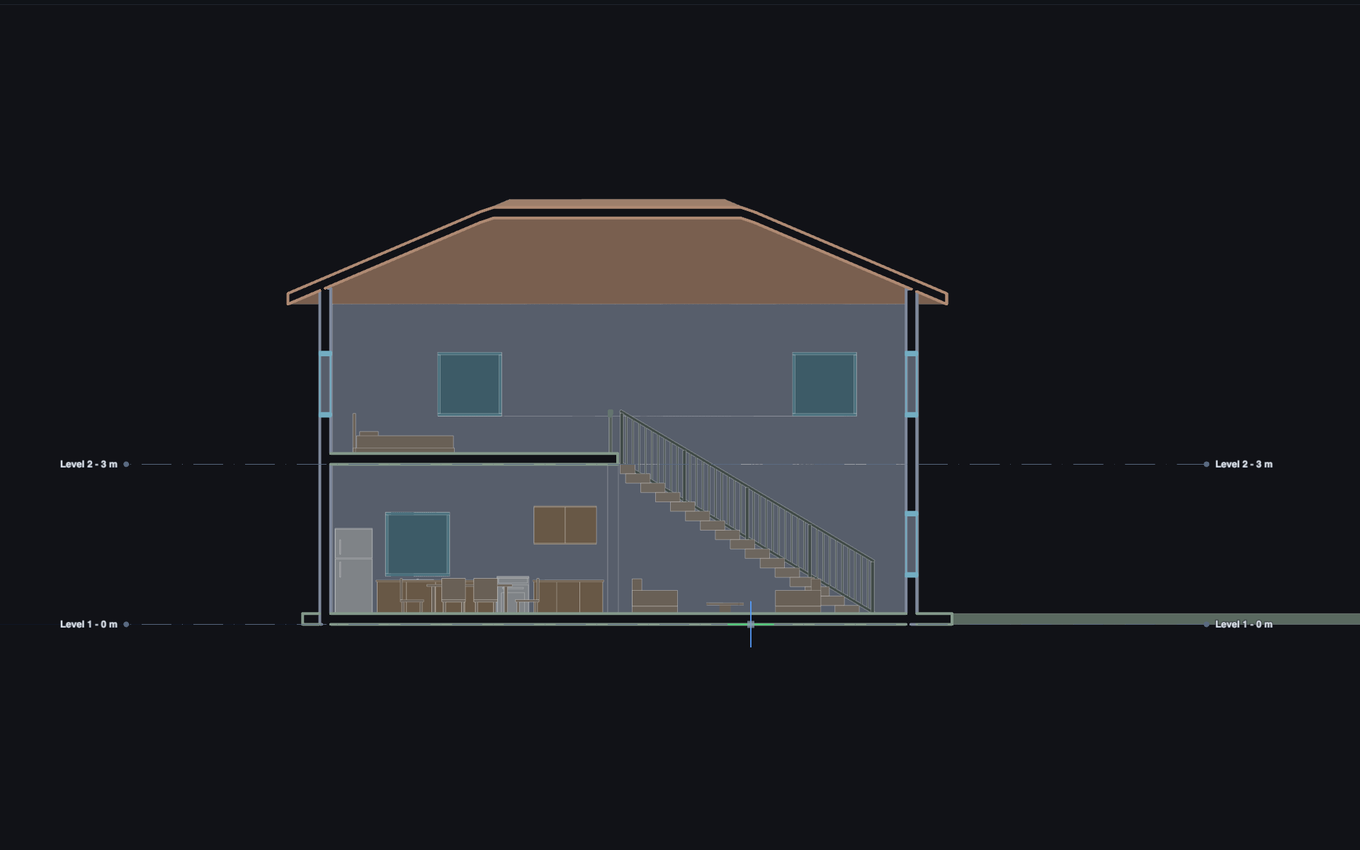 Section through a two-story house showing floors, stairs and roof