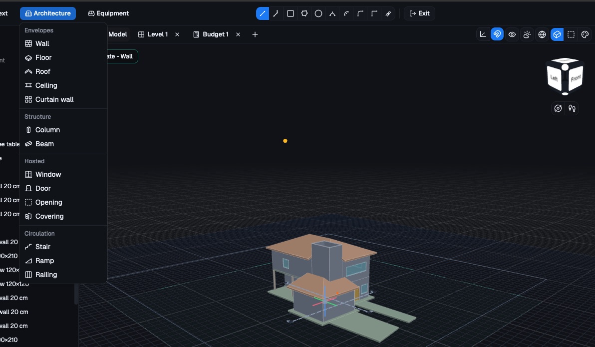 Tekarius editor with the Architecture tool menu open and a two-story house in 3D