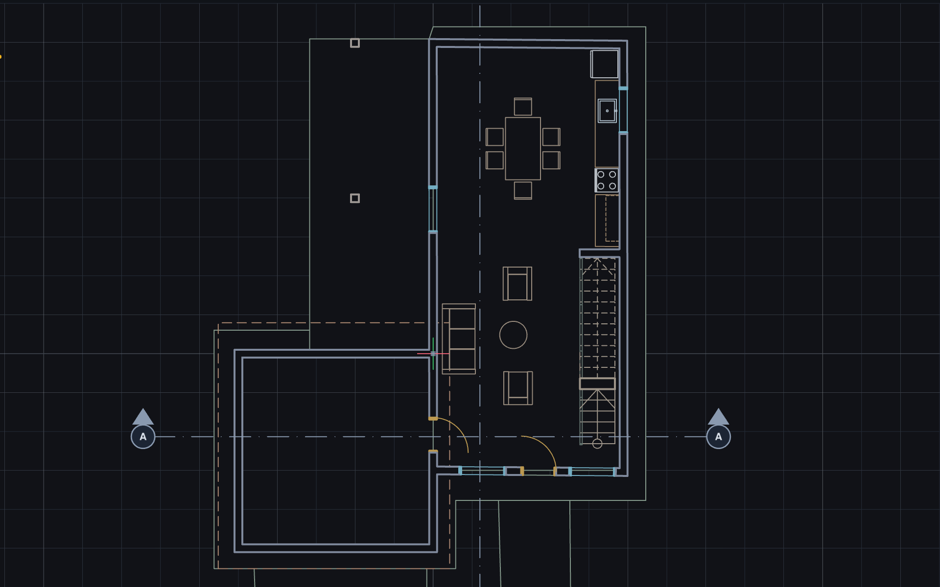 Floor plan of a house with walls, doors, windows, stairs and furniture